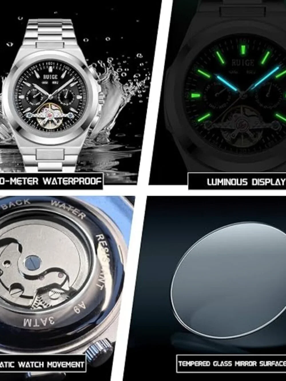 Men's Black Fully Automatic Mechanical 43mm Hollow Skeleton Dial Wrist Watch